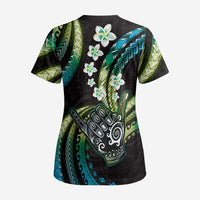 Hawaii Shaka Sign Scrub Top Fantastic Frangipani Chartreuse Cyan - Polynesian Pride