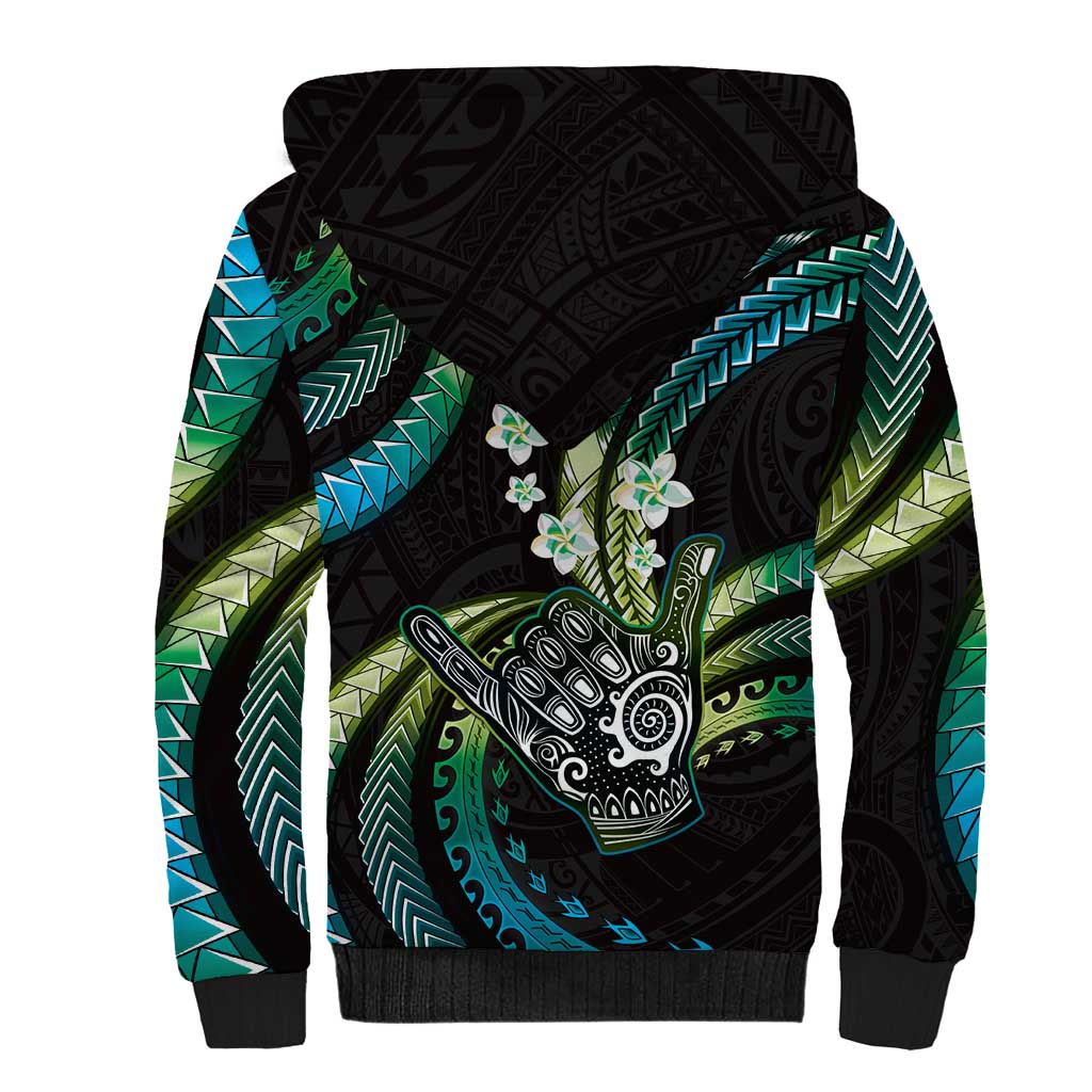 Hawaii Shaka Sign Sherpa Hoodie Fantastic Frangipani Chartreuse Cyan