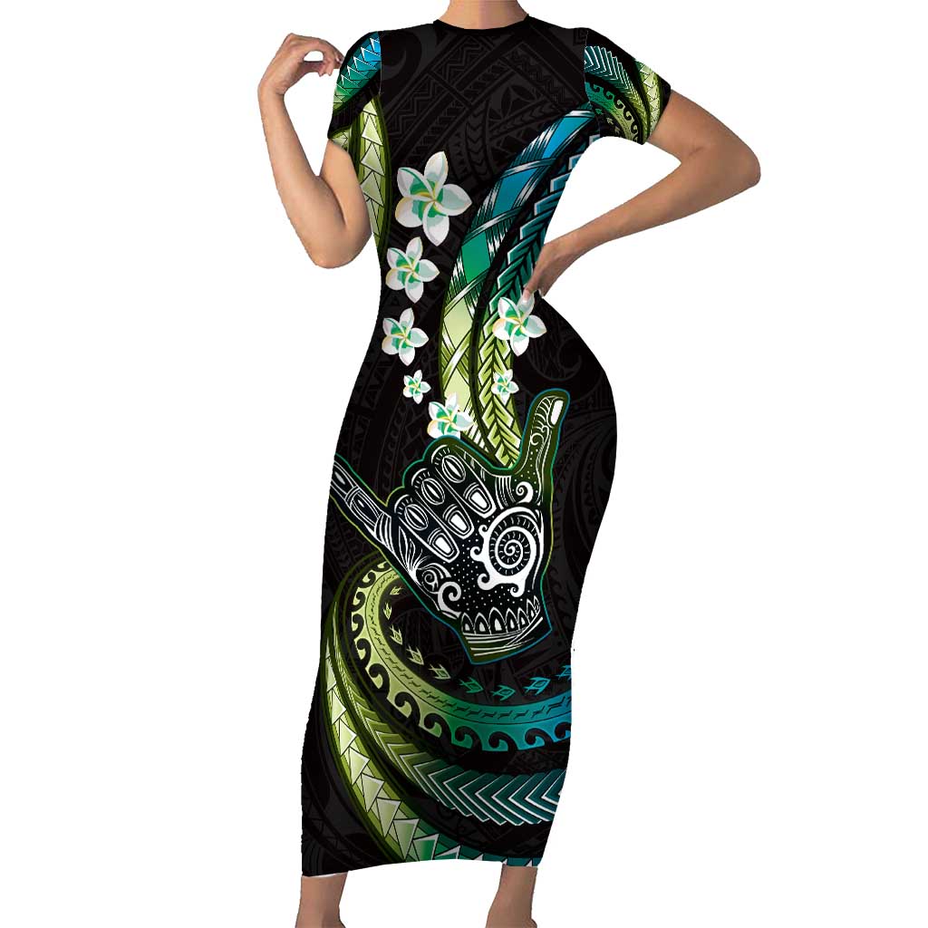 Hawaii Shaka Sign Short Sleeve Bodycon Dress Fantastic Frangipani Chartreuse Cyan