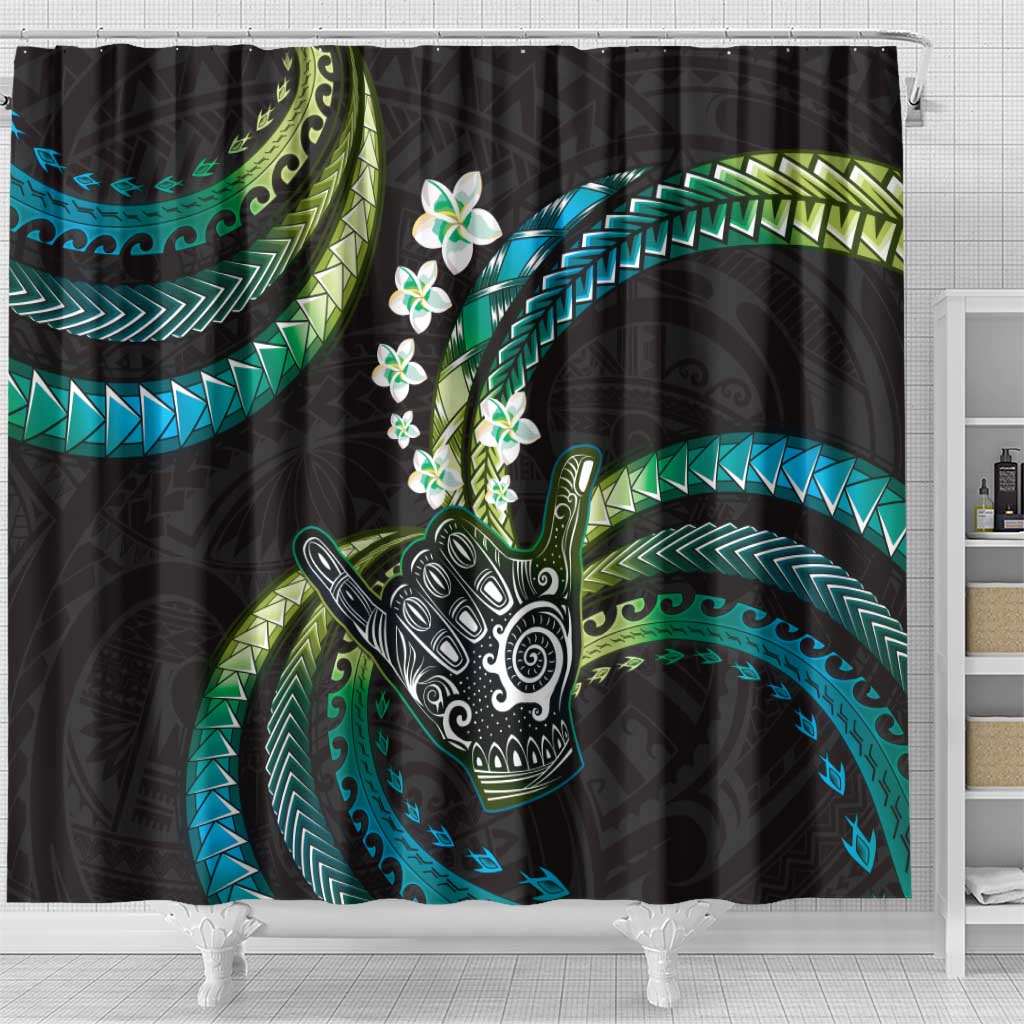 Hawaii Shaka Sign Shower Curtain Fantastic Frangipani Chartreuse Cyan