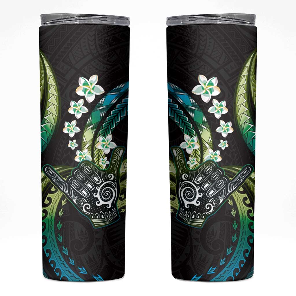 Hawaii Shaka Sign Skinny Tumbler Fantastic Frangipani Chartreuse Cyan