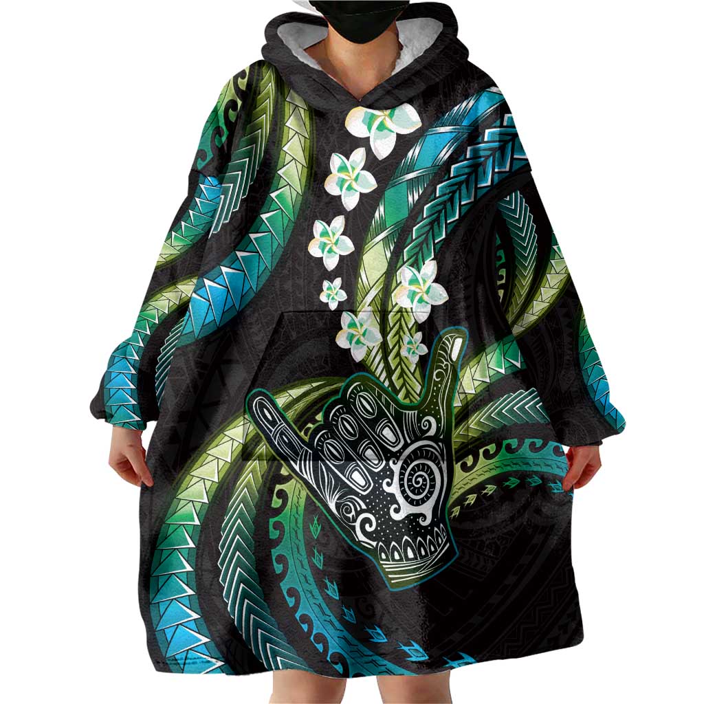 Hawaii Shaka Sign Wearable Blanket Hoodie Fantastic Frangipani Chartreuse Cyan