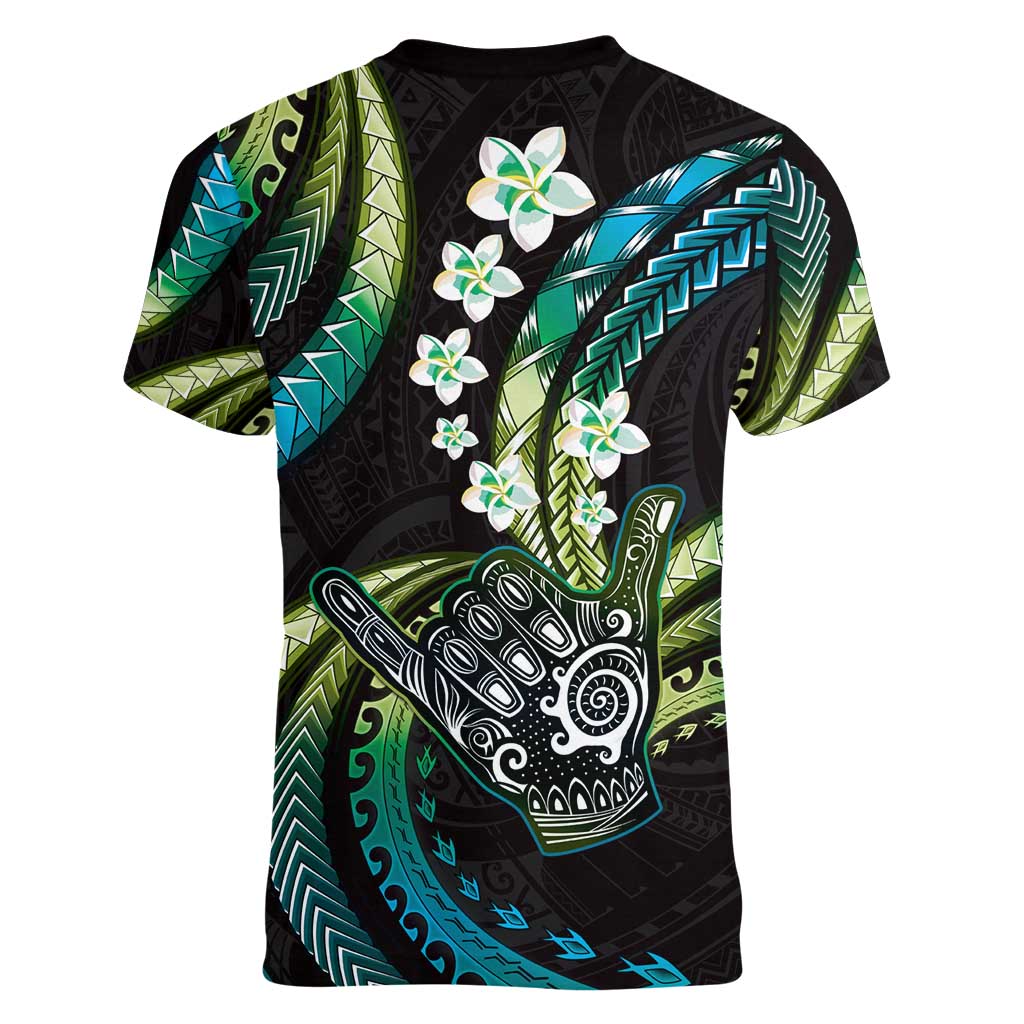 Hawaii Shaka Sign Women V-Neck T-Shirt Fantastic Frangipani Chartreuse Cyan