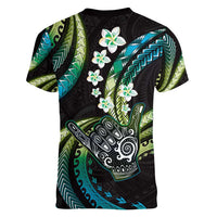 Hawaii Shaka Sign Women V-Neck T-Shirt Fantastic Frangipani Chartreuse Cyan