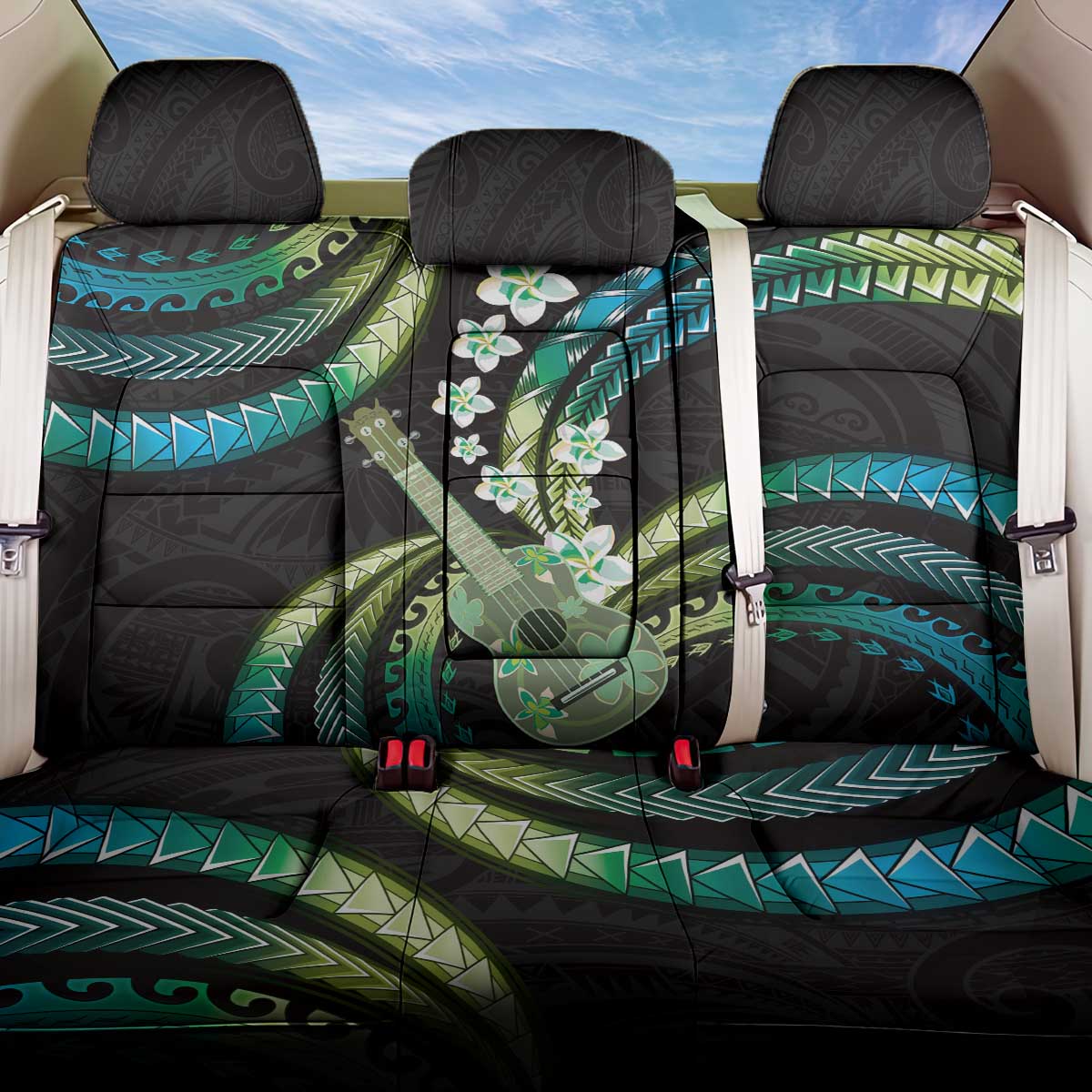 Hawaiian Ukulele Back Car Seat Cover Chartreuse Cyan Fantastic Plumeria