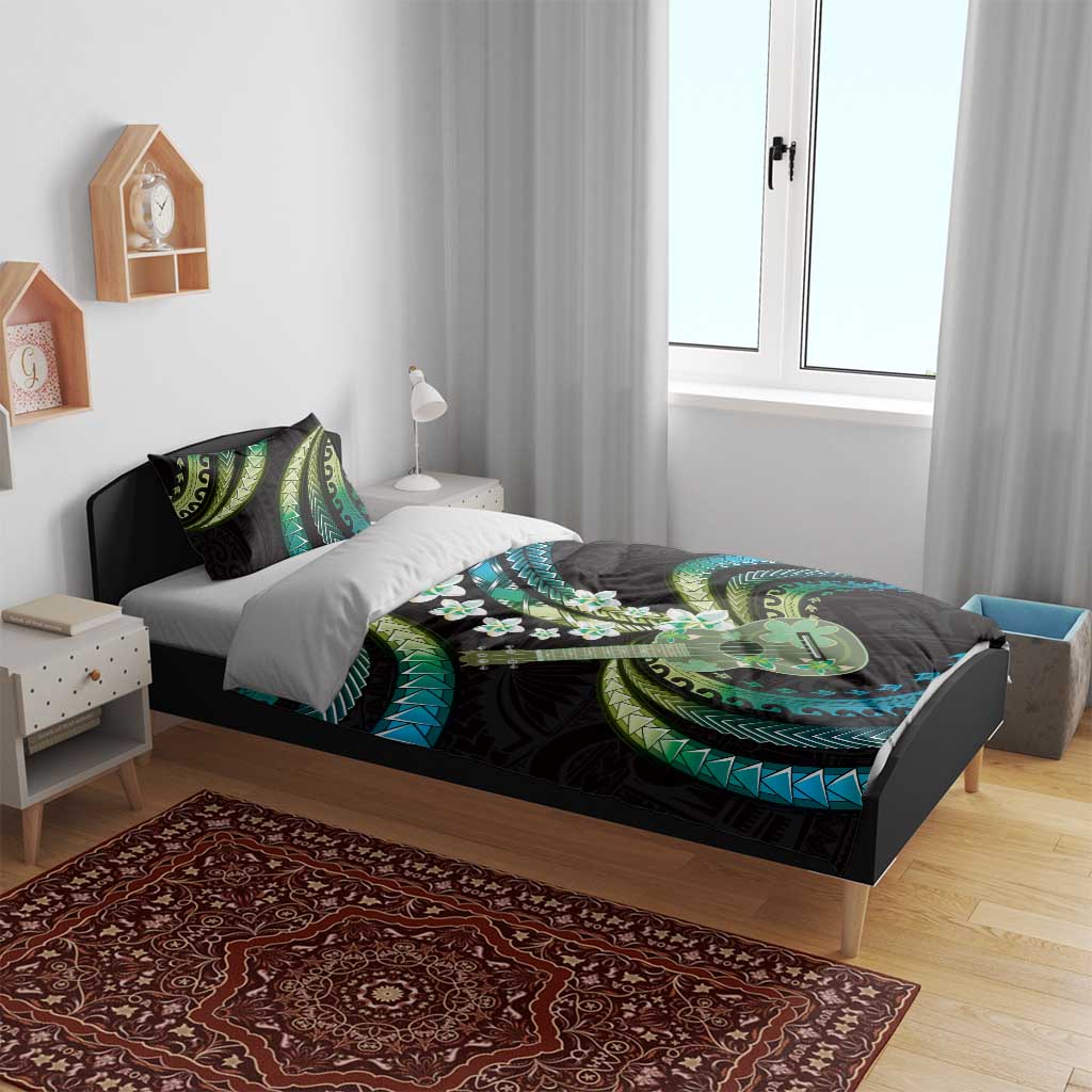 Hawaiian Ukulele Bedding Set Chartreuse Cyan Fantastic Plumeria