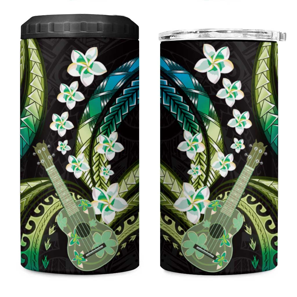 Hawaiian Ukulele 4 in 1 Can Cooler Tumbler Chartreuse Cyan Fantastic Plumeria