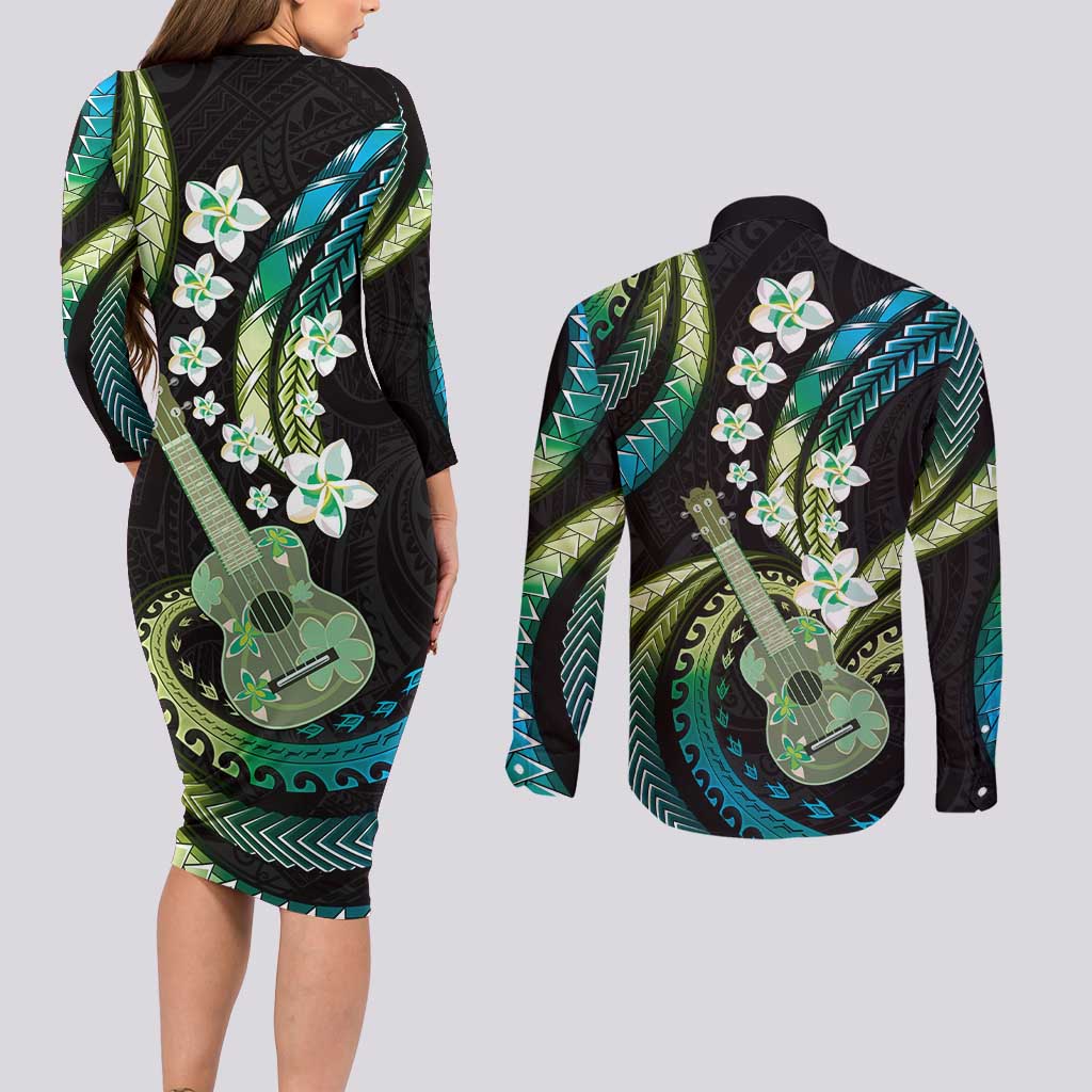 Hawaiian Ukulele Couples Matching Long Sleeve Bodycon Dress and Long Sleeve Button Shirt Chartreuse Cyan Fantastic Plumeria