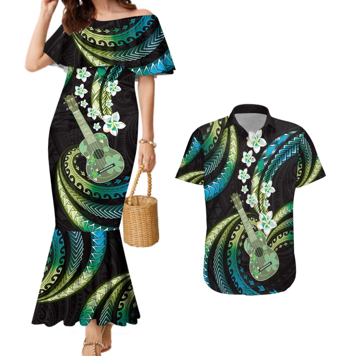 Hawaiian Ukulele Couples Matching Mermaid Dress and Hawaiian Shirt Chartreuse Cyan Fantastic Plumeria