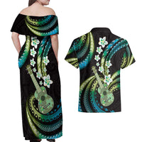 Hawaiian Ukulele Couples Matching Off Shoulder Maxi Dress and Hawaiian Shirt Chartreuse Cyan Fantastic Plumeria