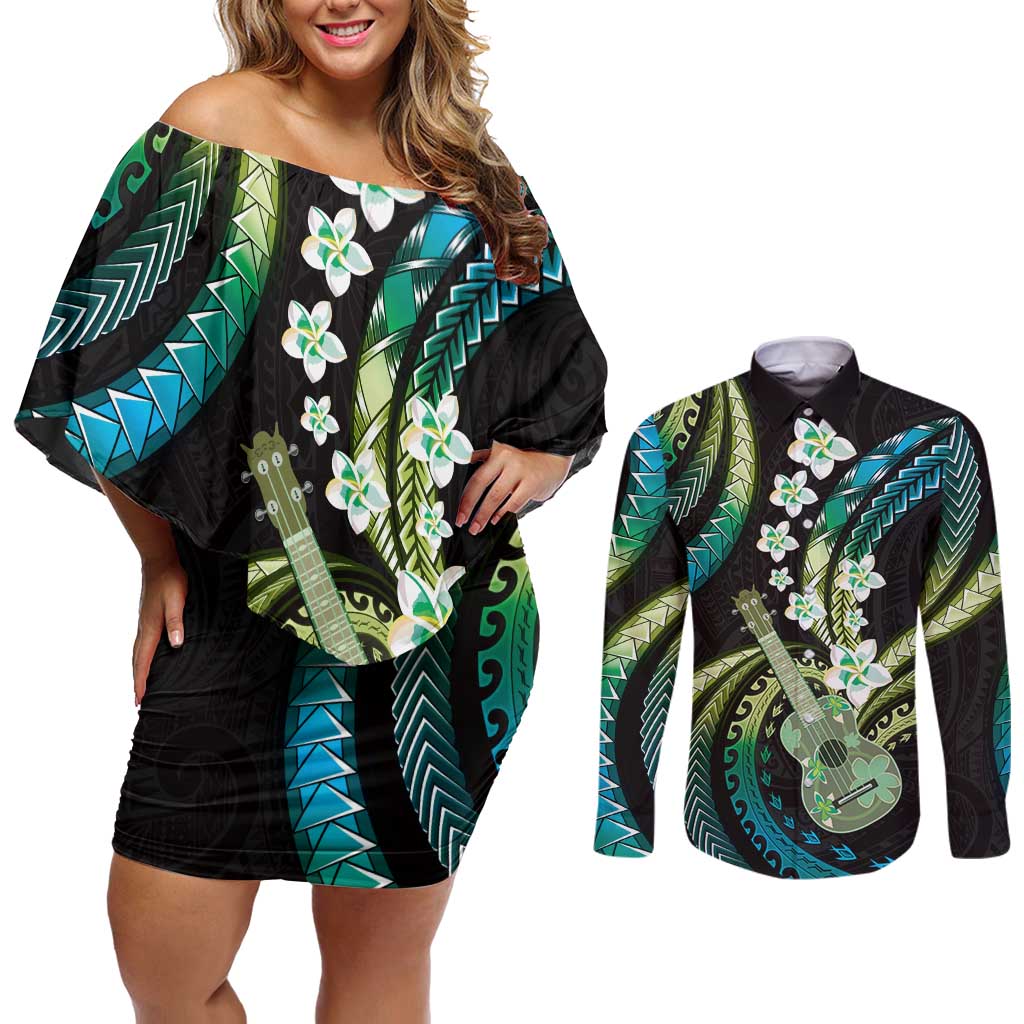 Hawaiian Ukulele Couples Matching Off Shoulder Short Dress and Long Sleeve Button Shirt Chartreuse Cyan Fantastic Plumeria