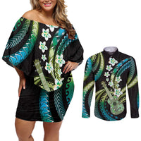 Hawaiian Ukulele Couples Matching Off Shoulder Short Dress and Long Sleeve Button Shirt Chartreuse Cyan Fantastic Plumeria