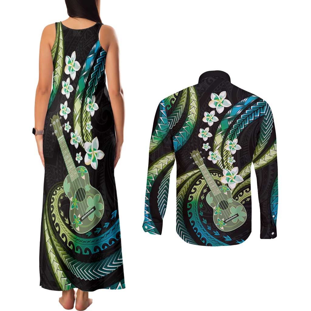 Hawaiian Ukulele Couples Matching Tank Maxi Dress and Long Sleeve Button Shirt Chartreuse Cyan Fantastic Plumeria