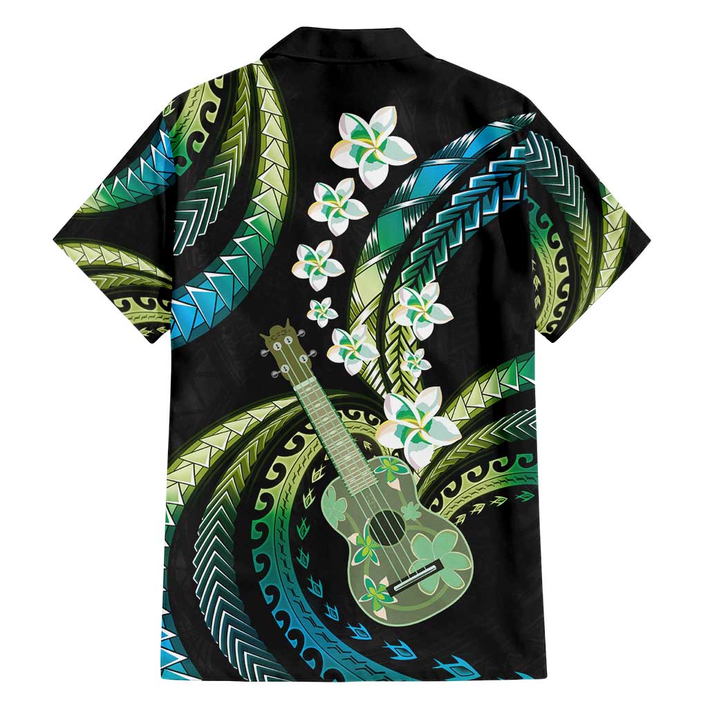 Hawaiian Ukulele Family Matching Long Sleeve Bodycon Dress and Hawaiian Shirt Chartreuse Cyan Fantastic Plumeria
