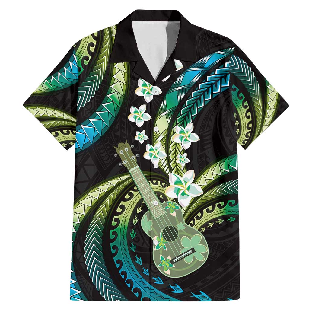 Hawaiian Ukulele Family Matching Mermaid Dress and Hawaiian Shirt Chartreuse Cyan Fantastic Plumeria