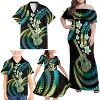 Hawaiian Ukulele Family Matching Off Shoulder Maxi Dress and Hawaiian Shirt Chartreuse Cyan Fantastic Plumeria