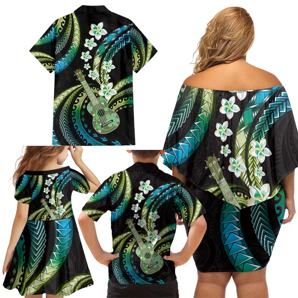 Hawaiian Ukulele Family Matching Off Shoulder Short Dress and Hawaiian Shirt Chartreuse Cyan Fantastic Plumeria