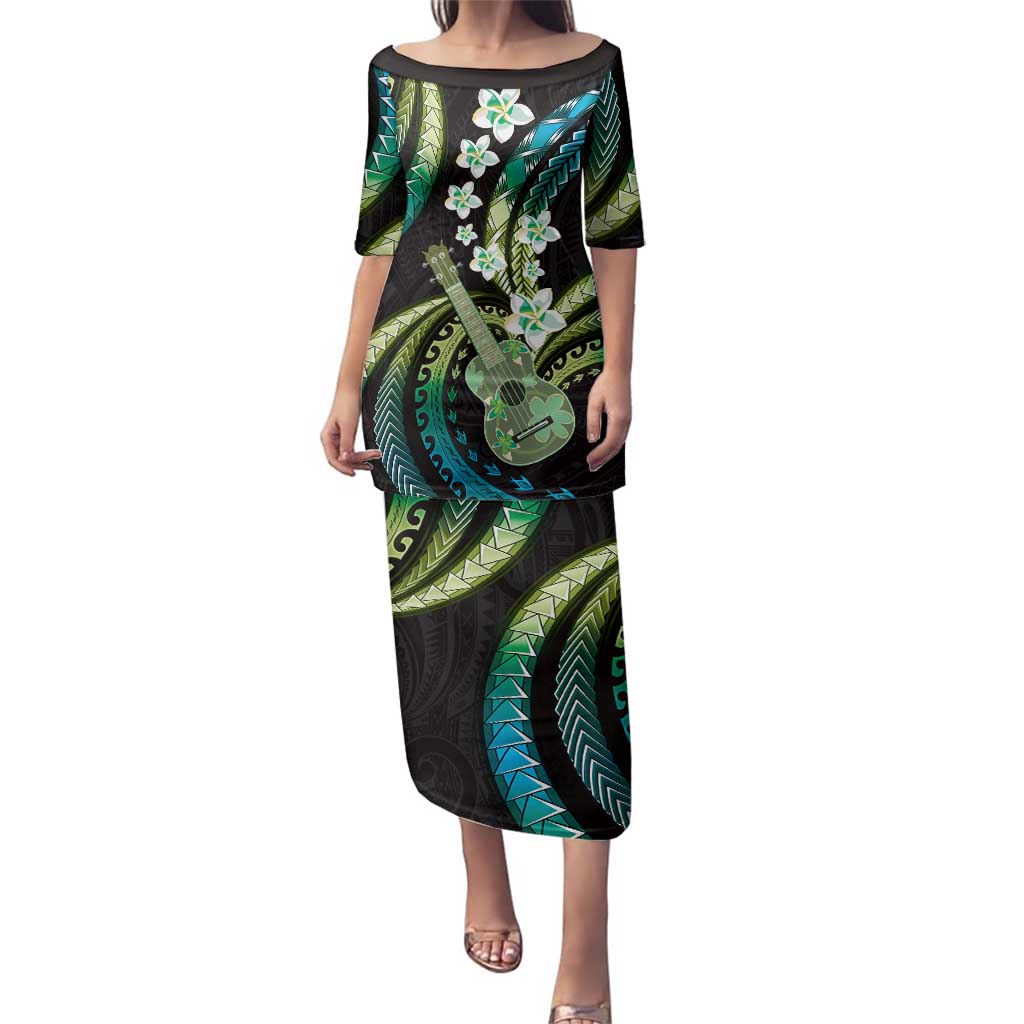 Hawaiian Ukulele Family Matching Puletasi and Hawaiian Shirt Chartreuse Cyan Fantastic Plumeria