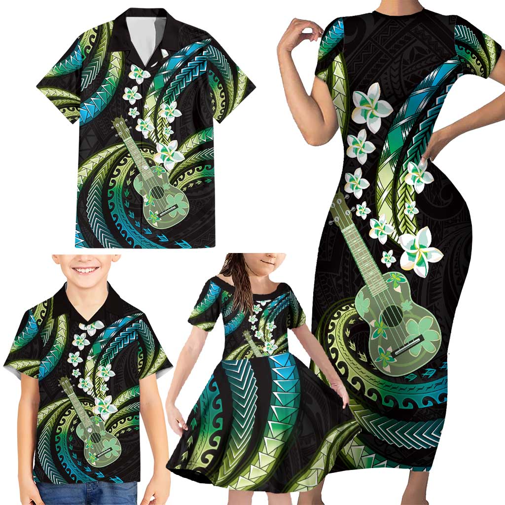 Hawaiian Ukulele Family Matching Short Sleeve Bodycon Dress and Hawaiian Shirt Chartreuse Cyan Fantastic Plumeria