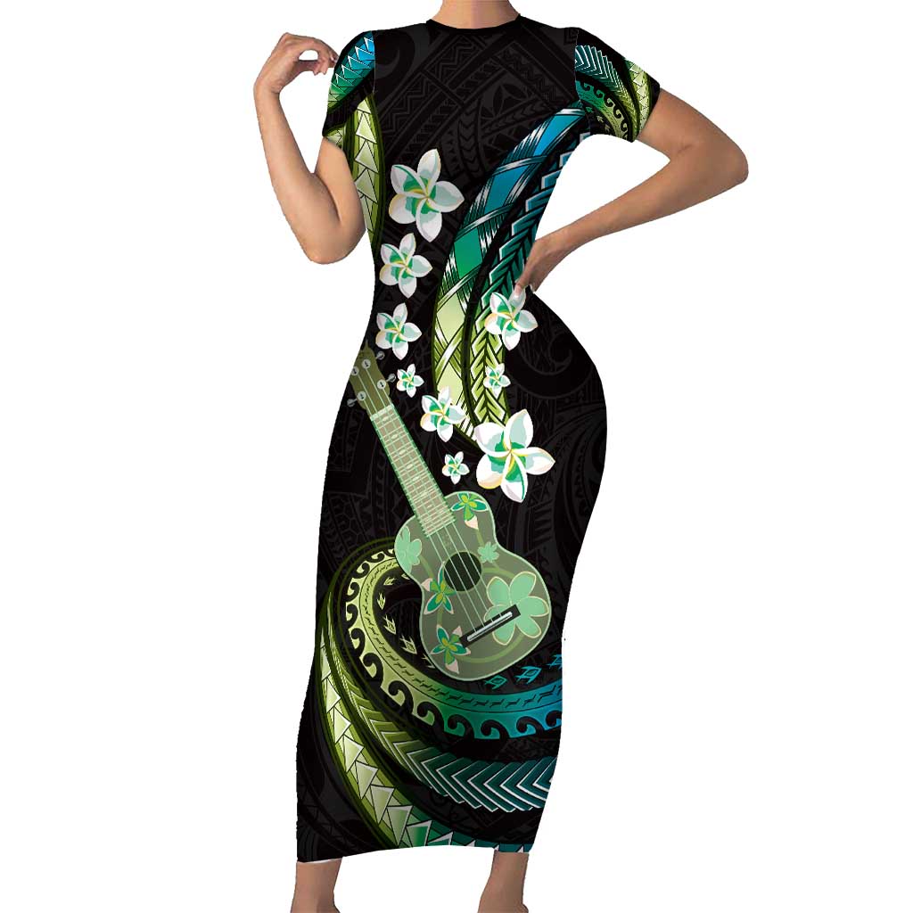 Hawaiian Ukulele Family Matching Short Sleeve Bodycon Dress and Hawaiian Shirt Chartreuse Cyan Fantastic Plumeria