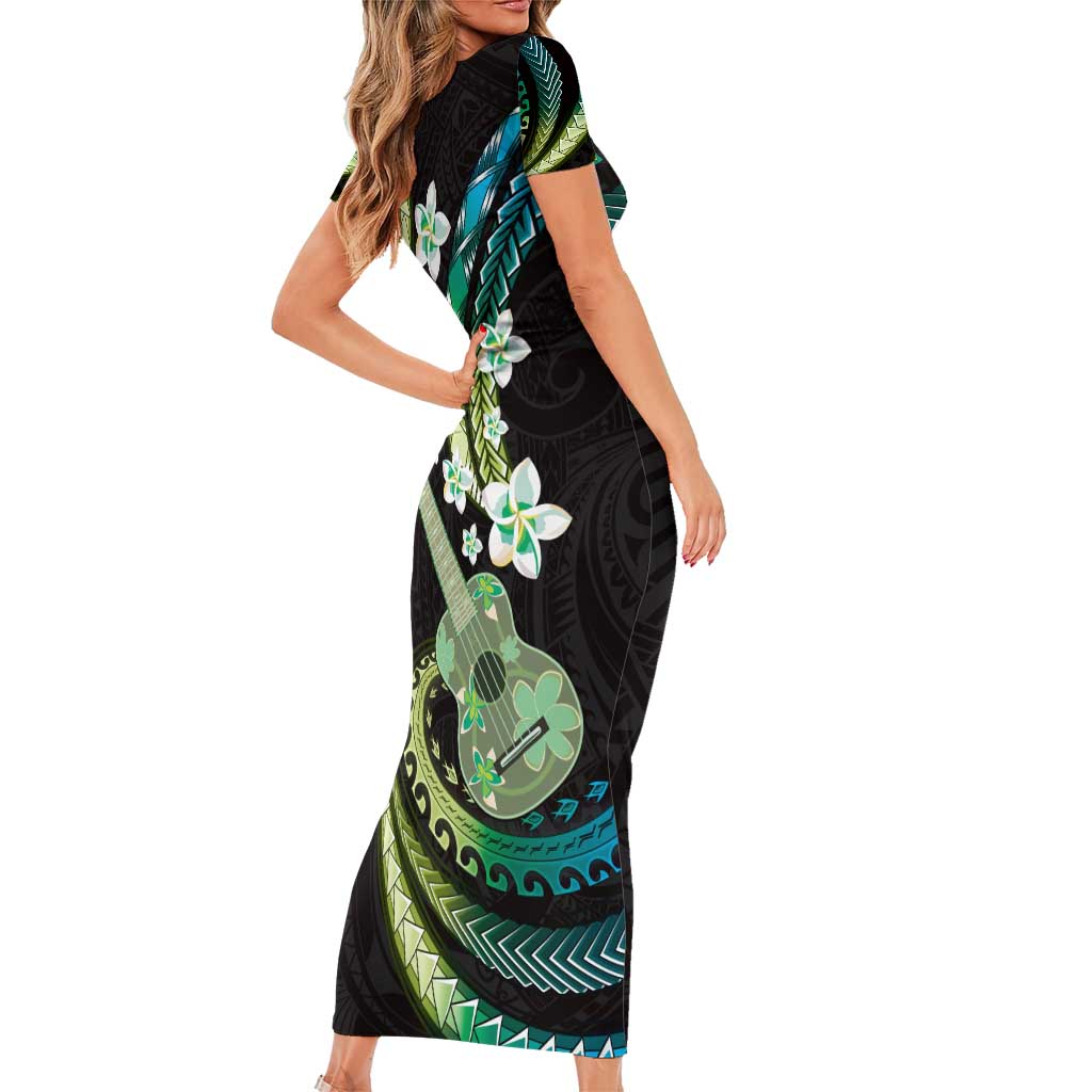 Hawaiian Ukulele Family Matching Short Sleeve Bodycon Dress and Hawaiian Shirt Chartreuse Cyan Fantastic Plumeria
