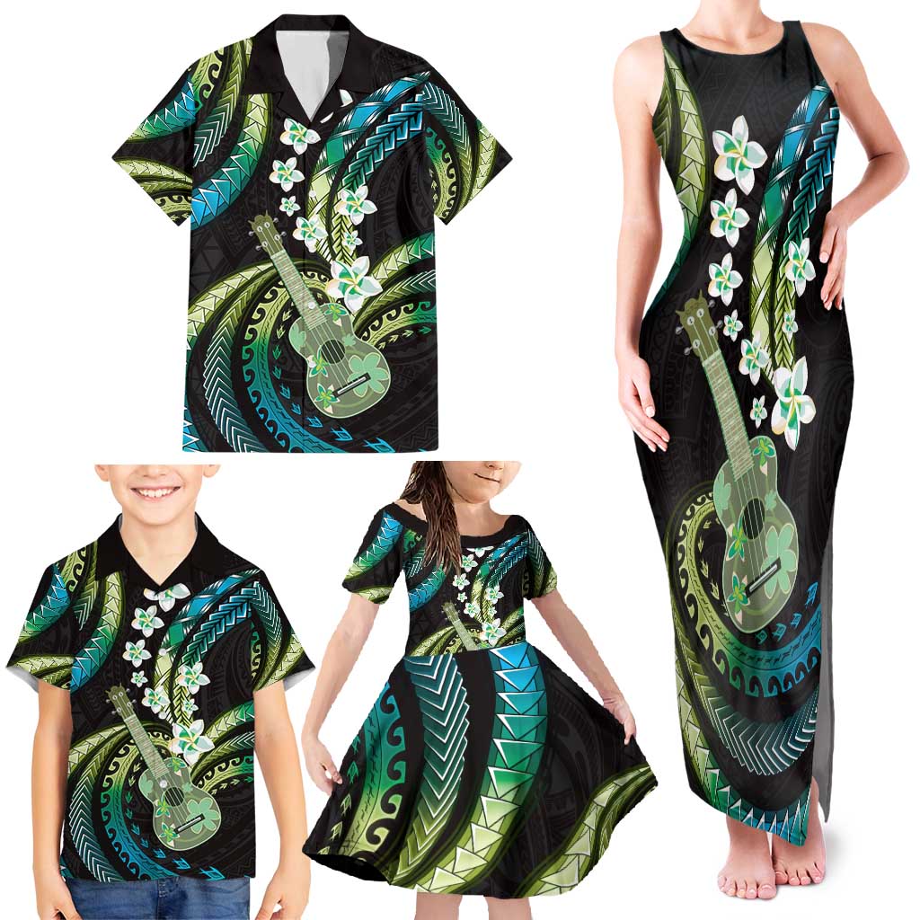 Hawaiian Ukulele Family Matching Tank Maxi Dress and Hawaiian Shirt Chartreuse Cyan Fantastic Plumeria