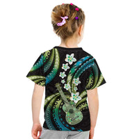 Hawaiian Ukulele Kid T Shirt Chartreuse Cyan Fantastic Plumeria