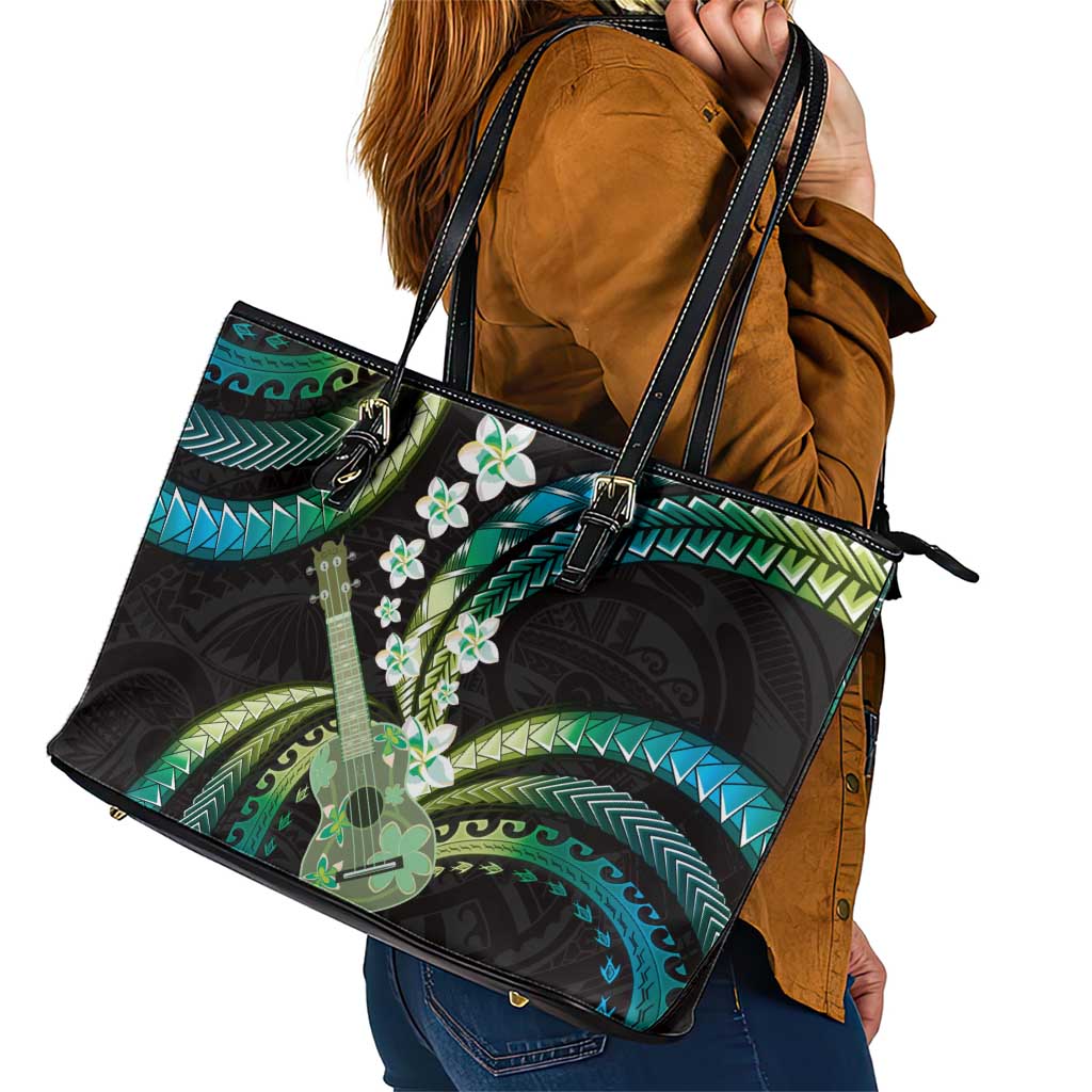 Hawaiian Ukulele Leather Tote Bag Chartreuse Cyan Fantastic Plumeria