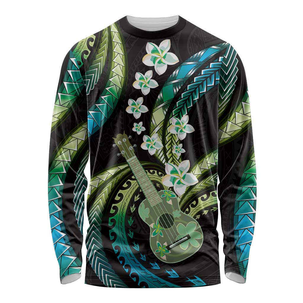 Hawaiian Ukulele Long Sleeve Shirt Chartreuse Cyan Fantastic Plumeria