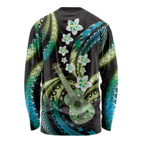 Hawaiian Ukulele Long Sleeve Shirt Chartreuse Cyan Fantastic Plumeria