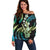 Hawaiian Ukulele Off Shoulder Sweater Chartreuse Cyan Fantastic Plumeria