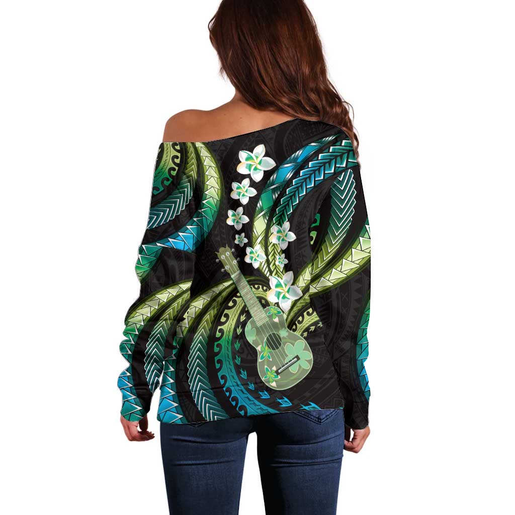 Hawaiian Ukulele Off Shoulder Sweater Chartreuse Cyan Fantastic Plumeria