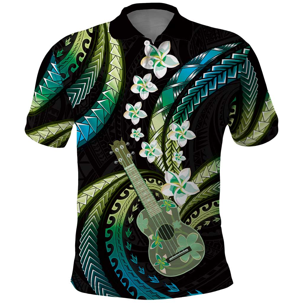 Hawaiian Ukulele Polo Shirt Chartreuse Cyan Fantastic Plumeria