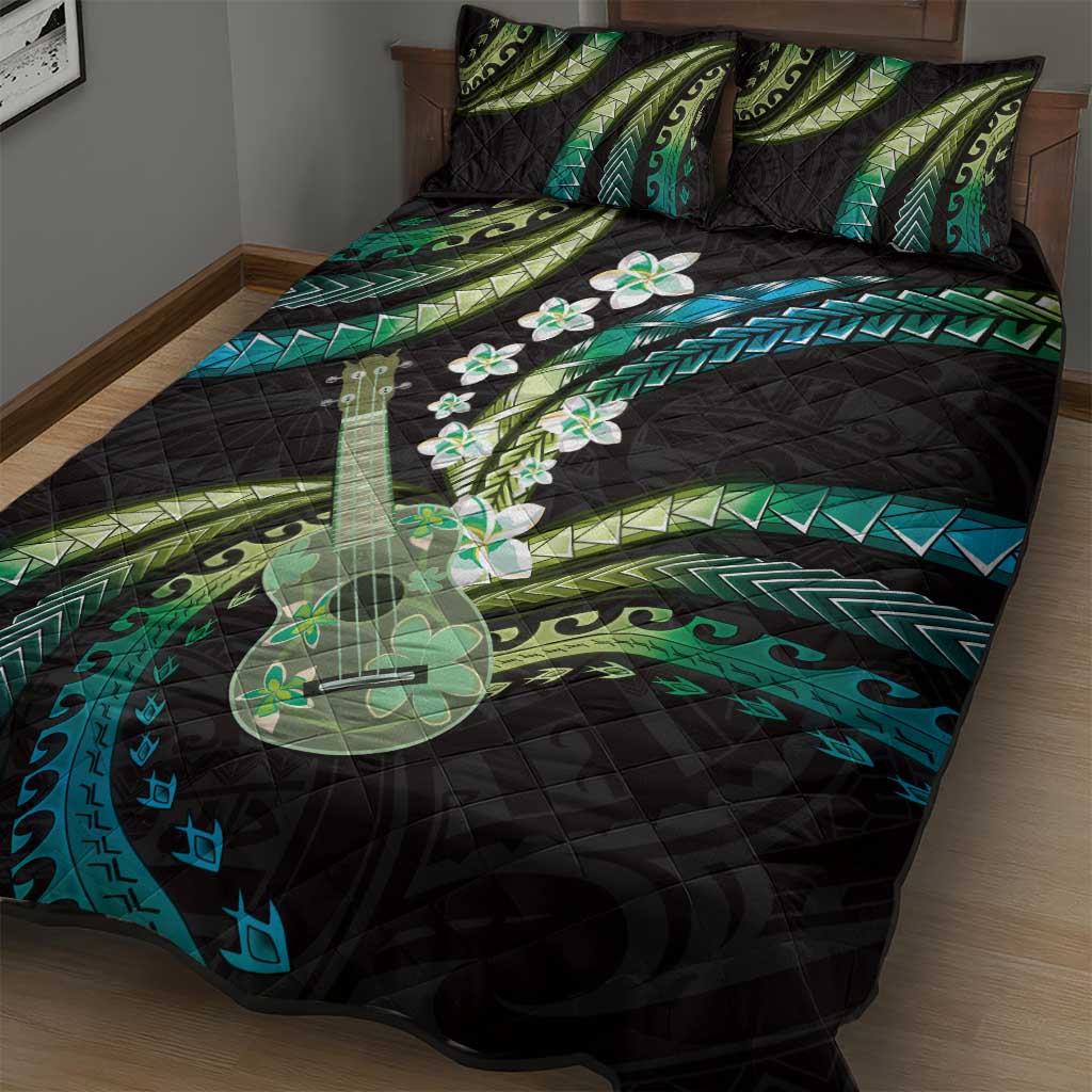 Hawaiian Ukulele Quilt Bed Set Chartreuse Cyan Fantastic Plumeria