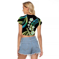 Hawaiian Ukulele Raglan Cropped T Shirt Chartreuse Cyan Fantastic Plumeria