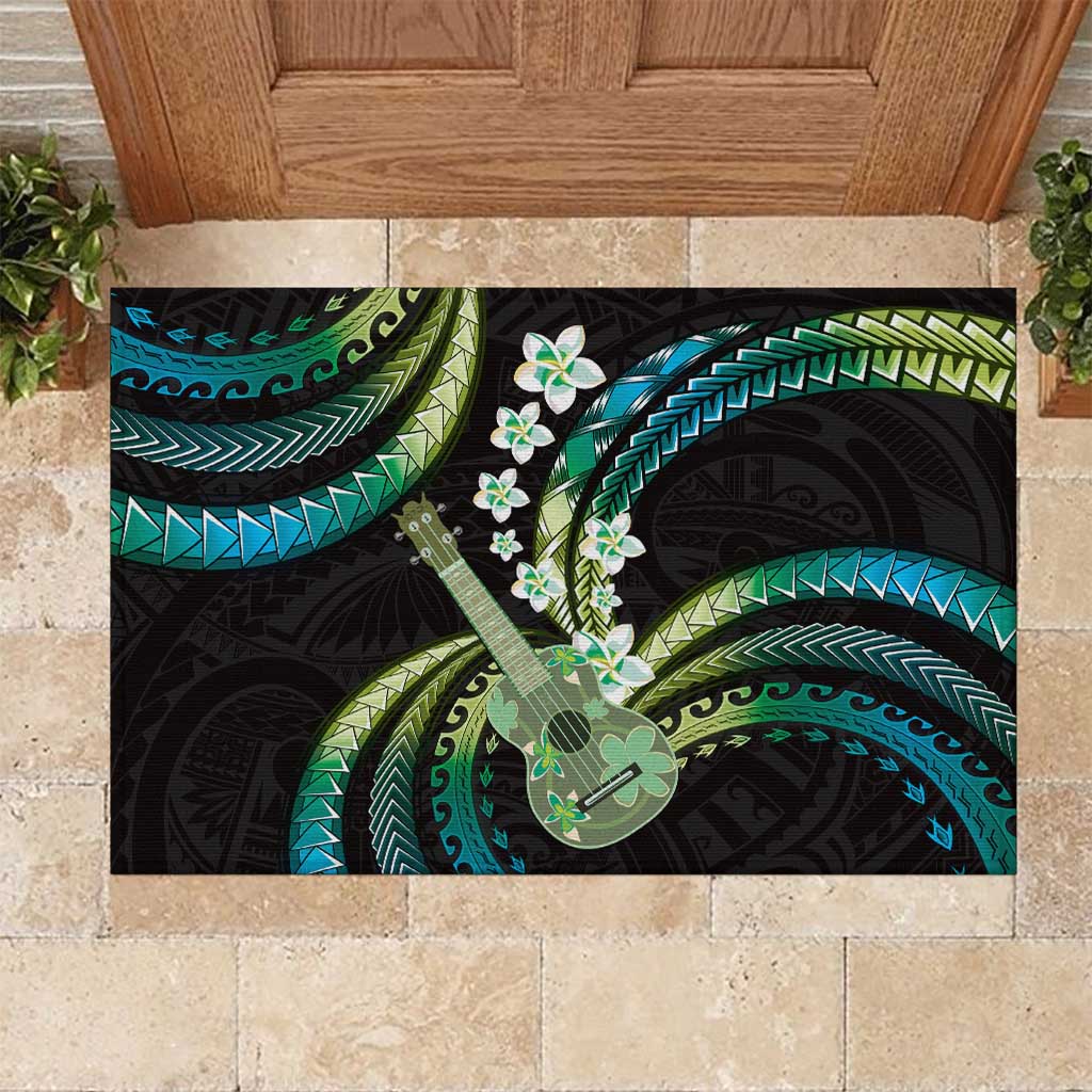 Hawaiian Ukulele Rubber Doormat Chartreuse Cyan Fantastic Plumeria