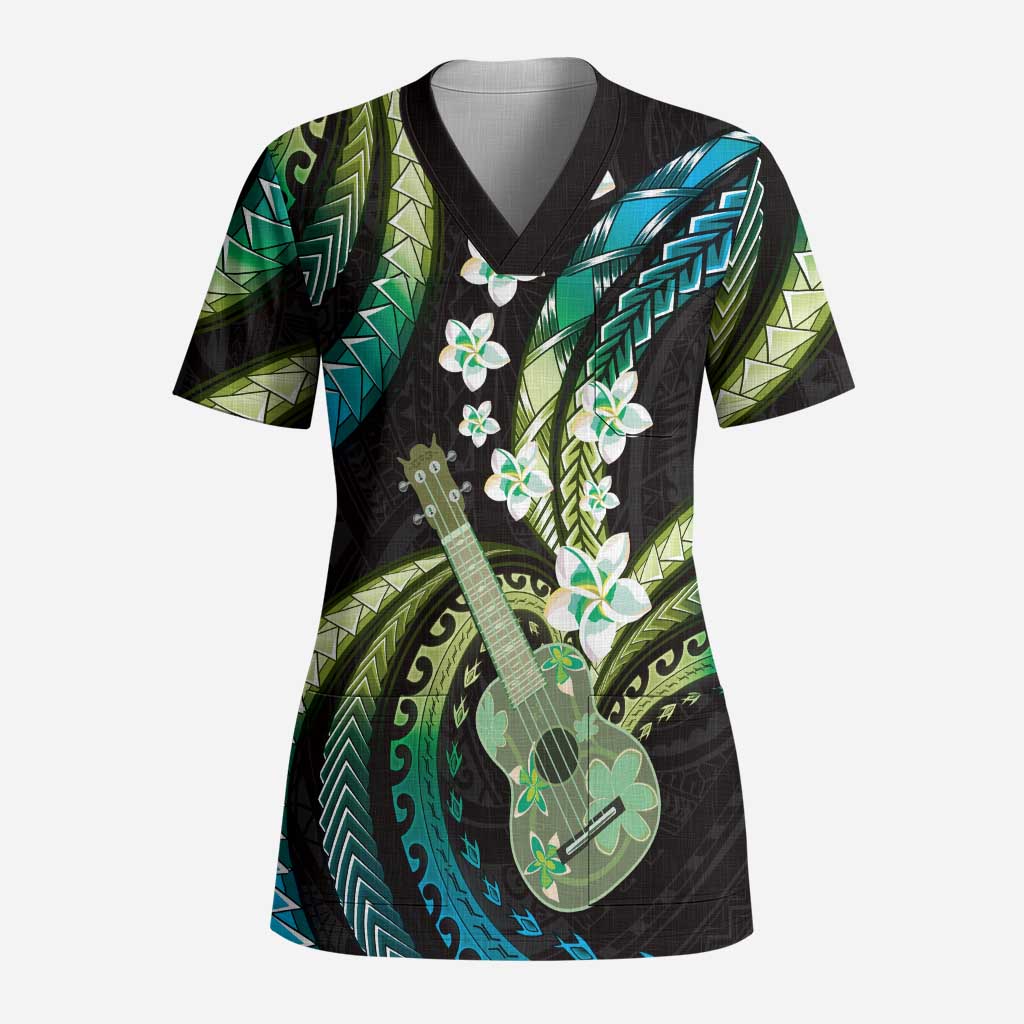 Hawaiian Ukulele Scrub Top Chartreuse Cyan Fantastic Plumeria - Polynesian Pride