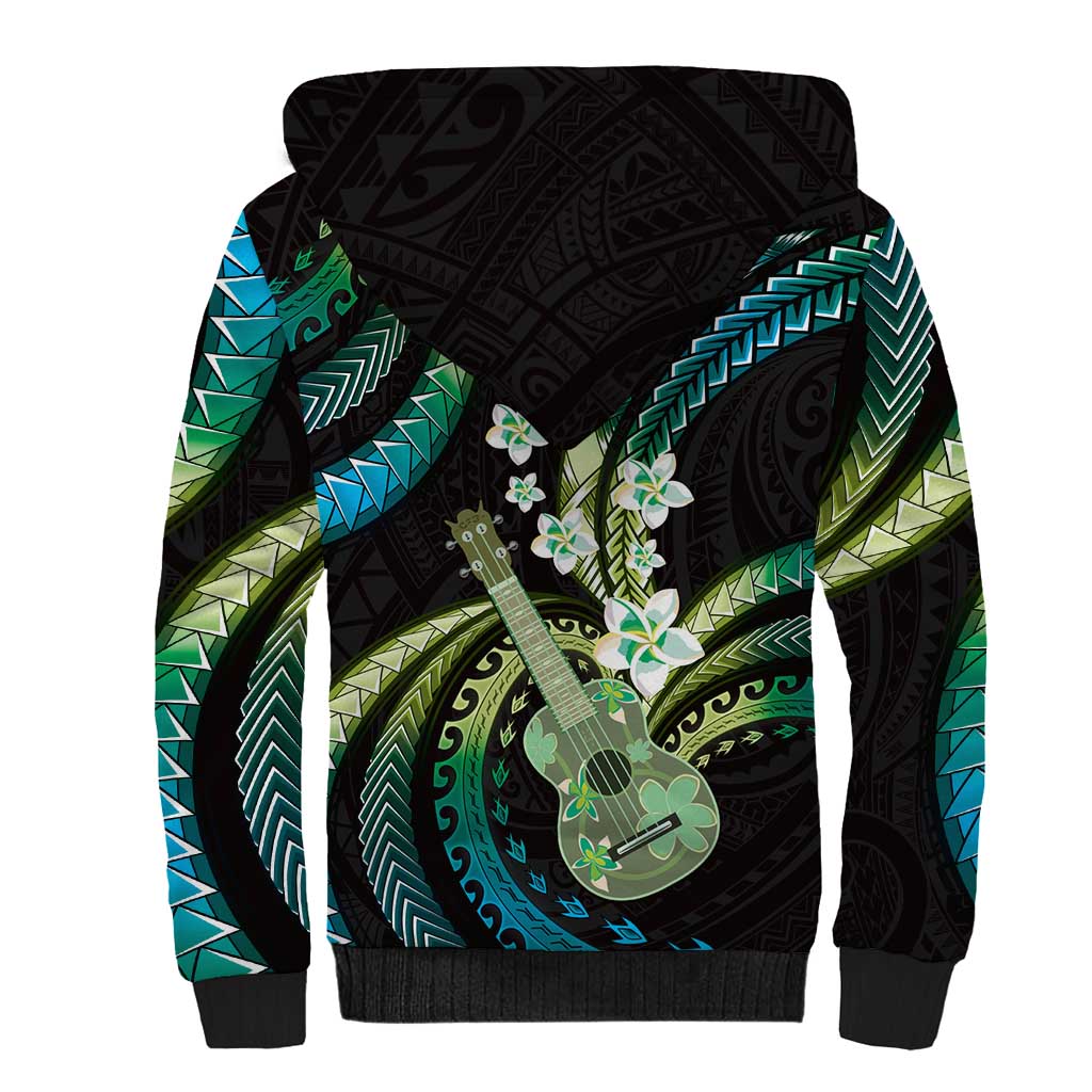 Hawaiian Ukulele Sherpa Hoodie Chartreuse Cyan Fantastic Plumeria