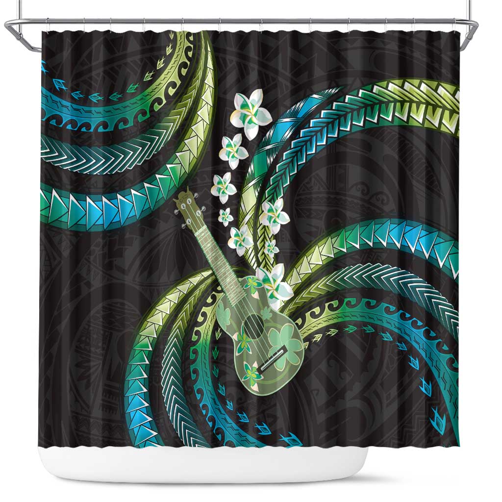 Hawaiian Ukulele Shower Curtain Chartreuse Cyan Fantastic Plumeria