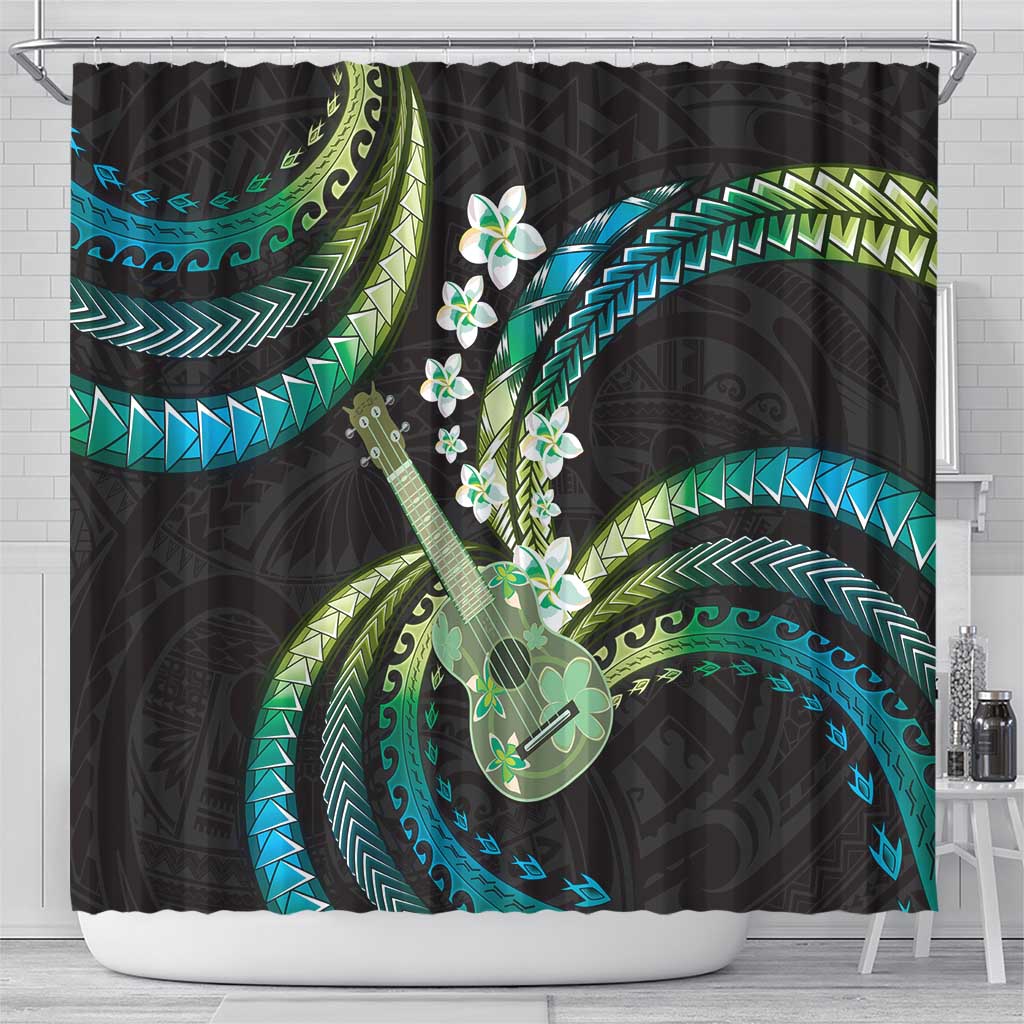 Hawaiian Ukulele Shower Curtain Chartreuse Cyan Fantastic Plumeria