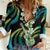 Hawaiian Ukulele Women Casual Shirt Chartreuse Cyan Fantastic Plumeria