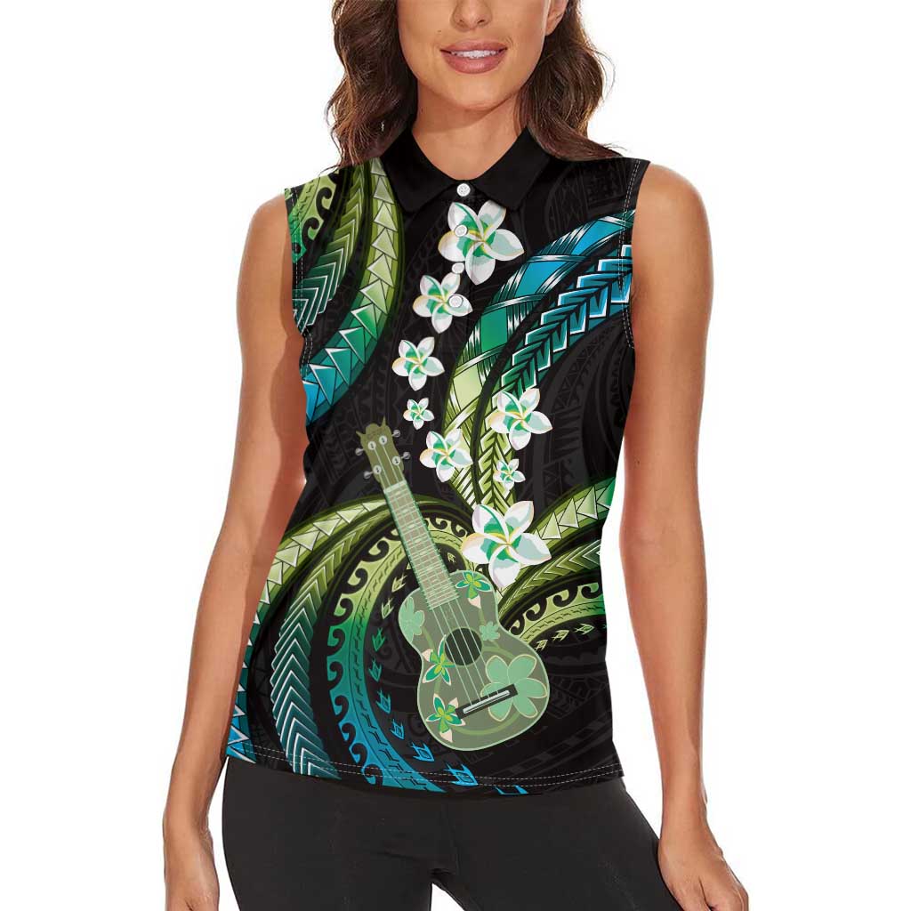 Hawaiian Ukulele Women Sleeveless Polo Shirt Chartreuse Cyan Fantastic Plumeria