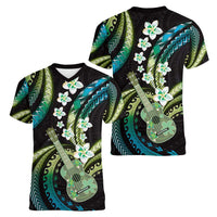 Hawaiian Ukulele Women V-Neck T-Shirt Chartreuse Cyan Fantastic Plumeria
