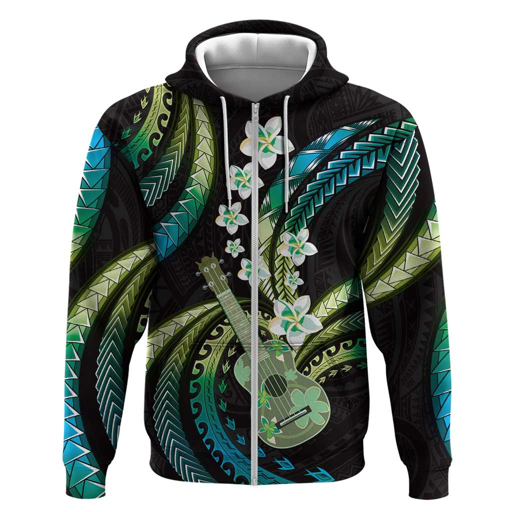 Hawaiian Ukulele Zip Hoodie Chartreuse Cyan Fantastic Plumeria