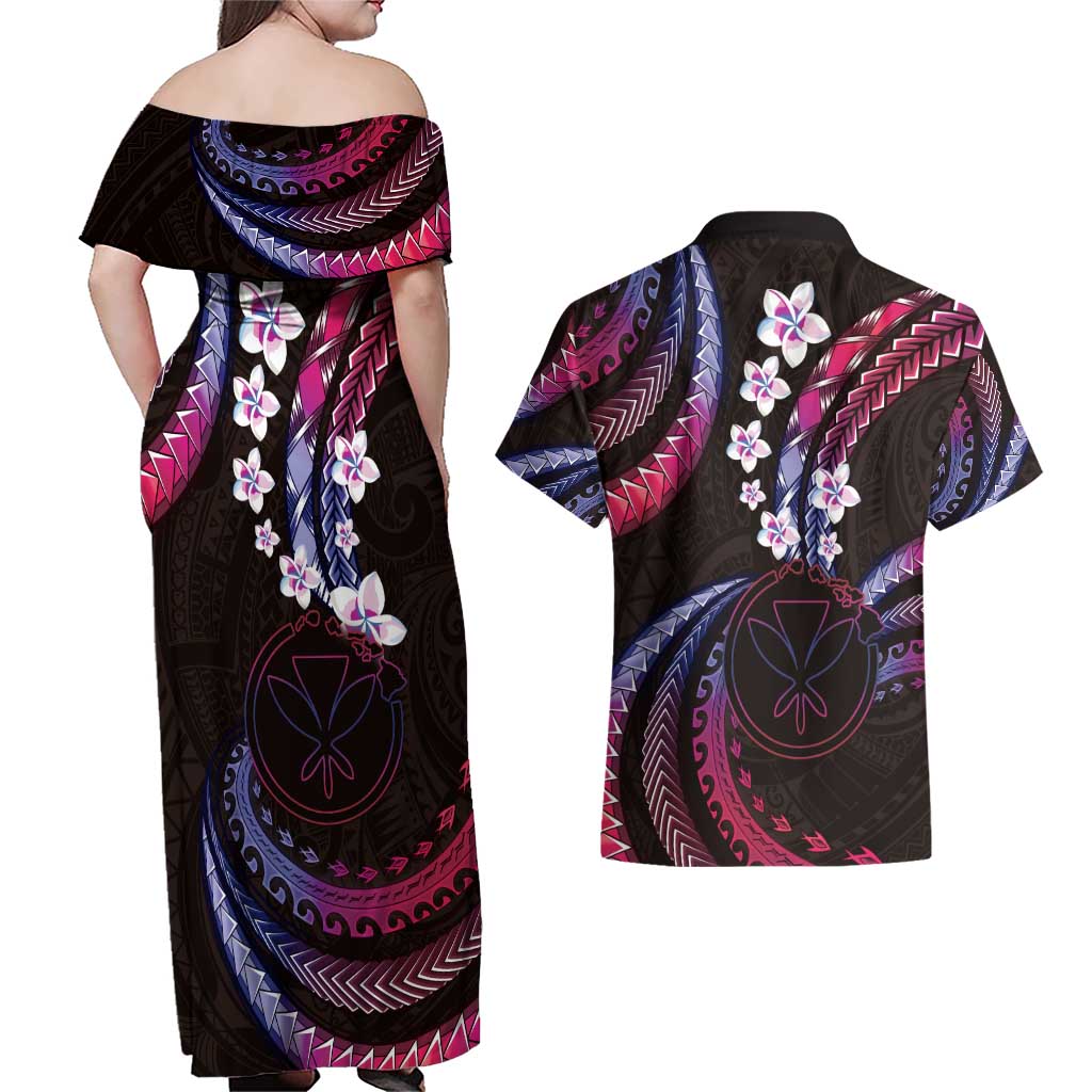Hawaii Map Kanaka Maoli Couples Matching Off Shoulder Maxi Dress and Hawaiian Shirt Fantastic Frangipani Sweet Dream