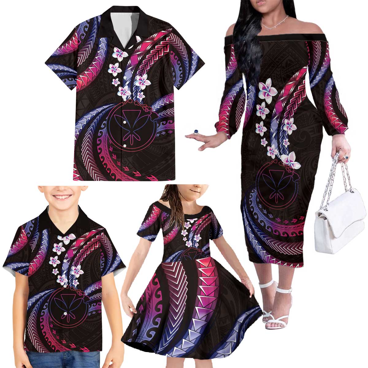 Hawaii Map Kanaka Maoli Family Matching Off The Shoulder Long Sleeve Dress and Hawaiian Shirt Fantastic Frangipani Sweet Dream