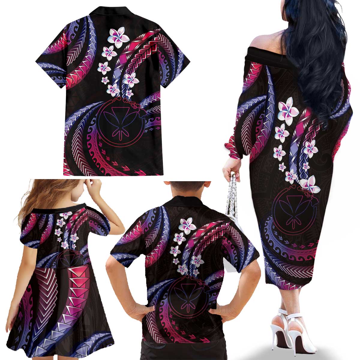 Hawaii Map Kanaka Maoli Family Matching Off The Shoulder Long Sleeve Dress and Hawaiian Shirt Fantastic Frangipani Sweet Dream