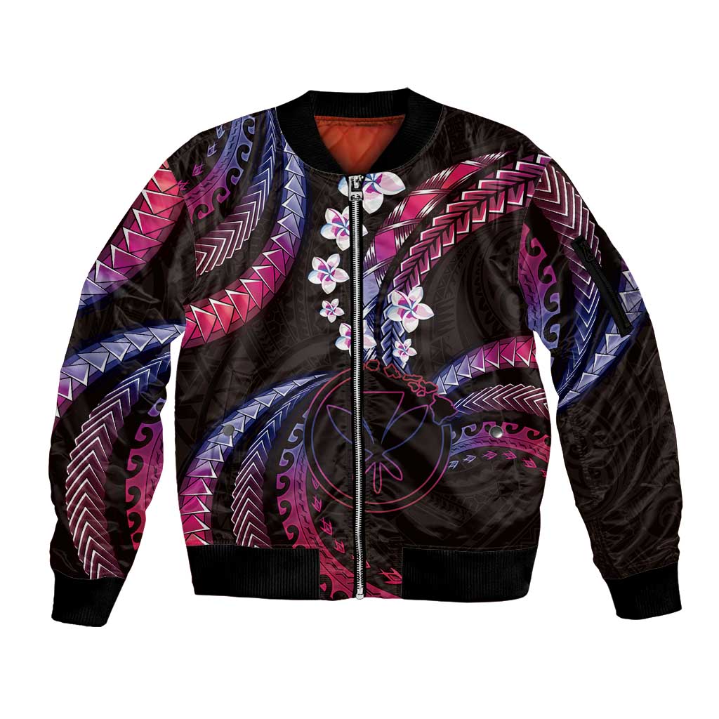 Hawaii Map Kanaka Maoli Sleeve Zip Bomber Jacket Fantastic Frangipani Sweet Dream