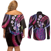 Hawaii King Kamehameha Couples Matching Off Shoulder Short Dress and Long Sleeve Button Shirt Fantastic Plumeria Sweet Vibes