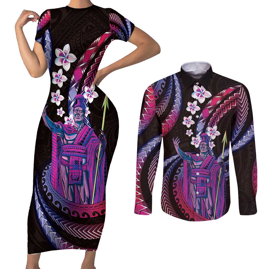 Hawaii King Kamehameha Couples Matching Short Sleeve Bodycon Dress and Long Sleeve Button Shirt Fantastic Plumeria Sweet Vibes
